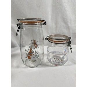 Lot of 2 Vintage Arc France Glass Canister Storage Jar Geese Ribbon Country READ